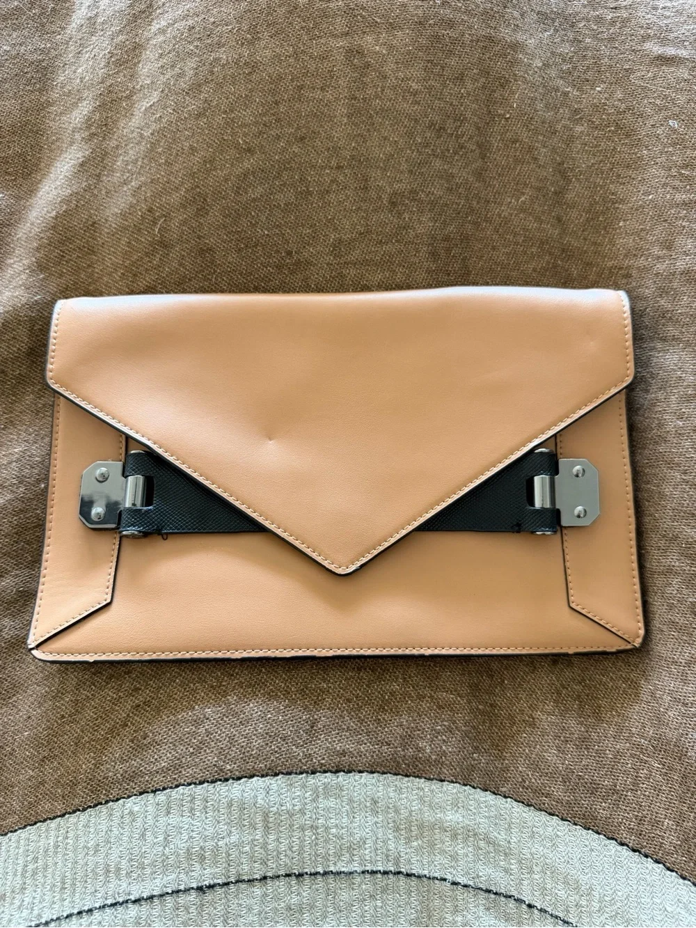 BCBGMaxAzria Nude Tan Envelope Clutch with Metal Accents